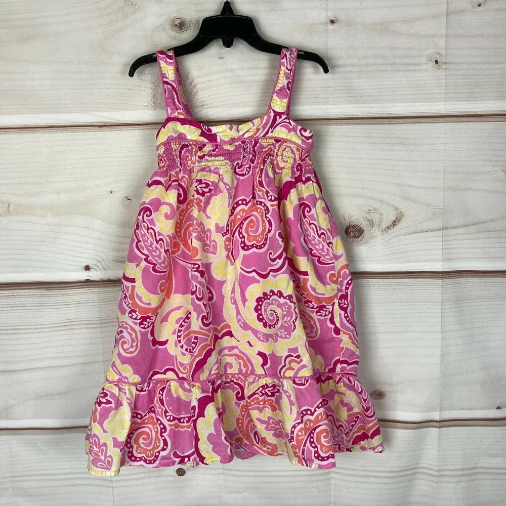 Gap Dress Girls Small Pink Yellow Cotton Paisley A-Line Sleeveless Square Neck